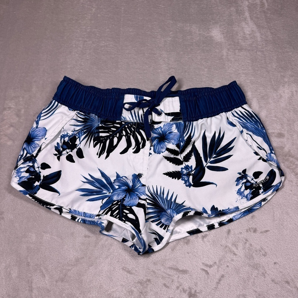 Seafolly White Blue Floral Hibiscus Tropical Women’s Swim Boardshorts US Size 6